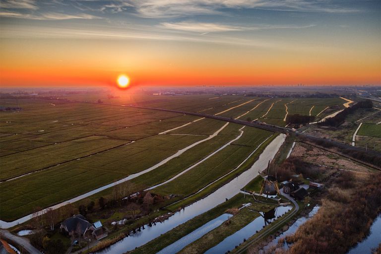 Drone sunset over windmill Meermolen de Onrust